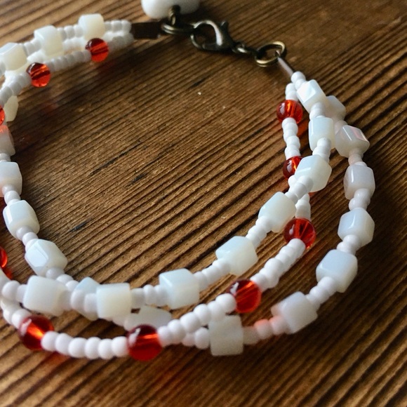 Red and White, Triple Strand Ladies Beaded Bracelet, Handmade Ladies Bracelet - Picture 7 of 7